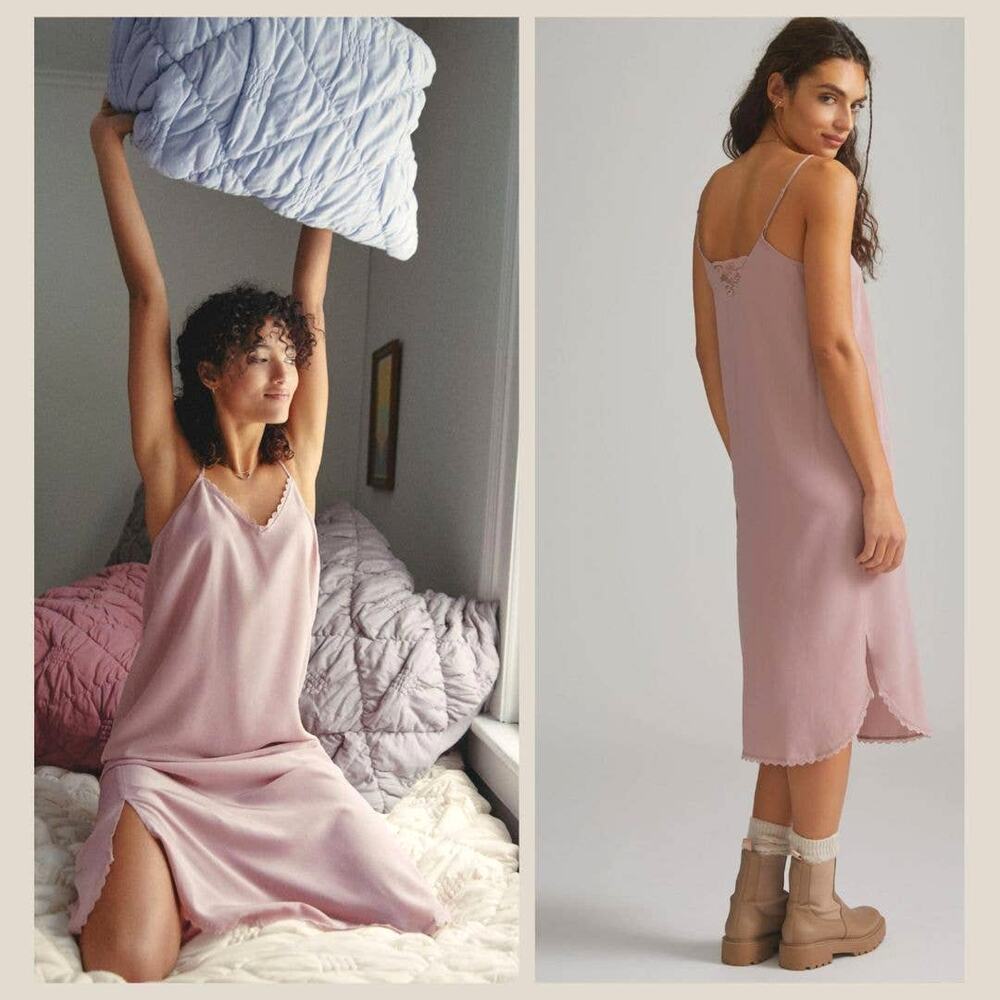 New Anthropologie Silk Slip Midi Dress Pink, Size XS